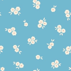 Pretty Blossoms Floral | Medium Scale Tossed | Cream & Red-Orange Flowers on Sky Blue 