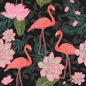 Hand Drawn Flamingos With Lotus Flowers and Succulent Tropical Leaves Pattern Black Background