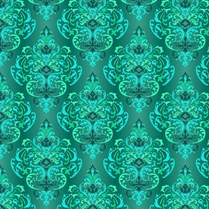 Underwater Boho Damask in Teal Turquoise, Eau de Nil and deep Undersea Green 