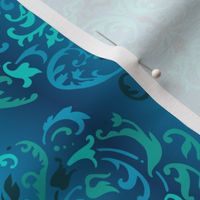 Riviera Ligure Damask 70s Boho Brocade Pattern in Blue Turquoise on gradient blue backdrop