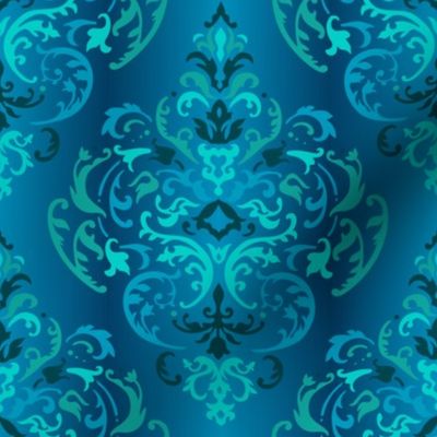 Riviera Ligure Damask 70s Boho Brocade Pattern in Blue Turquoise on gradient blue backdrop