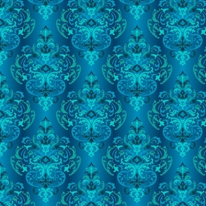 Riviera Ligure Damask 70s Boho Brocade Pattern in Blue Turquoise on gradient blue backdrop