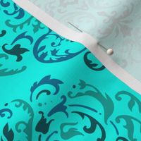 70s Boho Damask Pattern in Teal, Turquoise and Water Green on Teal Background