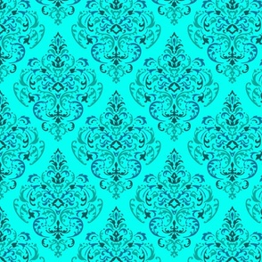 70s Boho Damask Pattern in Teal, Turquoise and Water Green on Teal Background