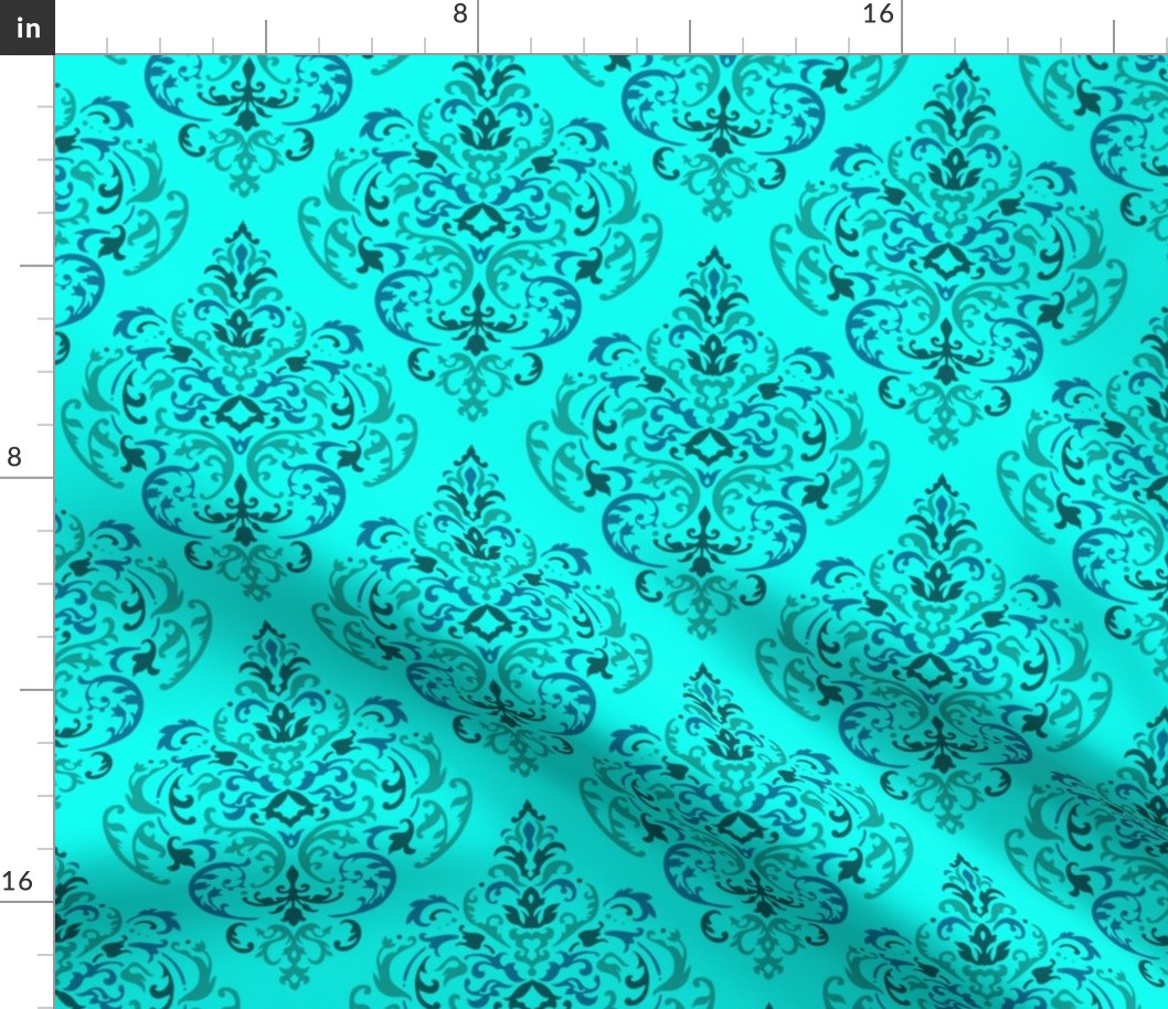 70s Boho Damask Pattern in Teal, Turquoise and Water Green on Teal Background