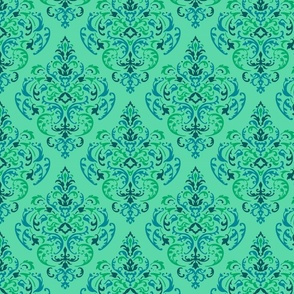 70s Boho Turquoise Green tropical Damask Pattern 