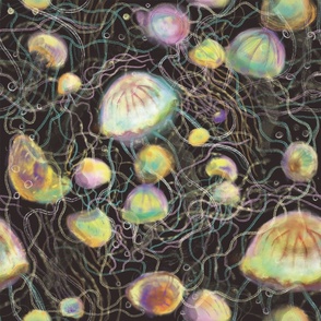 Dark Nature Jellyfish floating in Deep Sea // psychedelic rainbow colors BIG 
