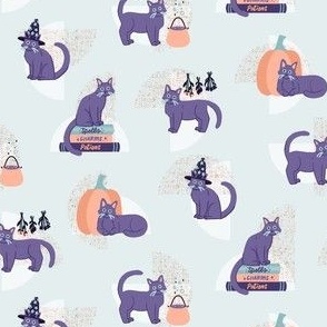 Charming Cats on Light Aqua - Cute and Spooky Pastel Halloween Cats with Pumpkins, Witch Hats and Magic Spellbooks
