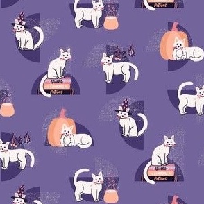 Charming Cats on Purple - Cute and Spooky Pastel Halloween Cats with Pumpkins, Witch Hats and Magic Spellbooks