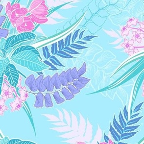 Tropical floral pastel turquoise pink and lilac orchid and leaves, large scale for bedding and wallpaper