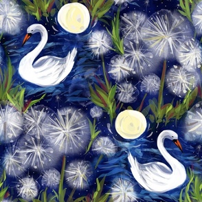 Dreamy Waters  - White Swan, Dandelions, Moon and Stars - Hidden Whimsy