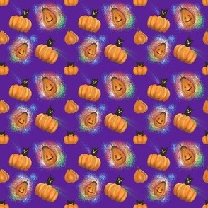 Halloween  Black Cats in Pumpkins and Jack-O-Lantern. Spooky Crazy Halloween Pattern