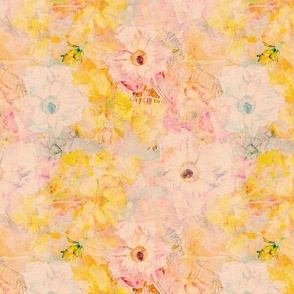 Abstract floral watercolor pattern in yellow, peach and pink with a linen texture.