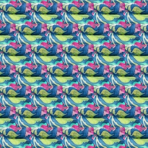 Green Leaves with Pink Flowers Abstract with Blue Background