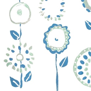 Primitive Printed Circle Flowers Wallpaper in Soft Green and Blue 24" Fabric