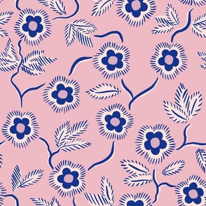 Blue and Pink Vintage Floral Dreams / Elegant and Cheerful Floral Wallpaper / Illustrated Floral 