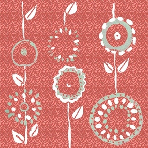 Primitive Printed Circle Flowers in Red and white jumbo  wallpaper