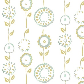 Primitive Floral Wallpaper Mint Green & Gold on White-24" fabric