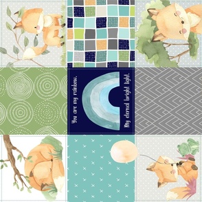 Freddie Fox Quilt Blanket – Baby Fox + Rainbows Patchwork Nursery Fabric, Bedding Cheater Quilt A, ROTATED