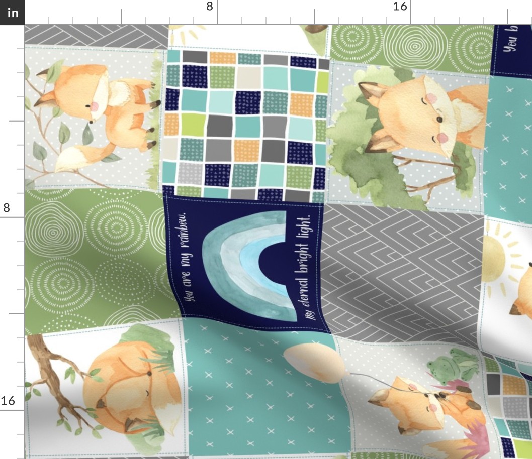 Freddie Fox Quilt Blanket – Baby Fox + Rainbows Patchwork Nursery Fabric, Bedding Cheater Quilt A, ROTATED
