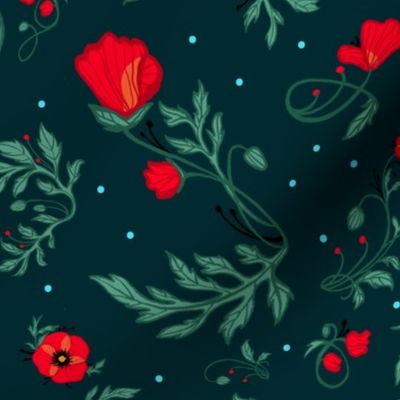 Red poppies on a dark teal background