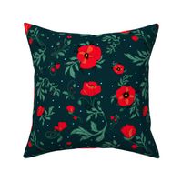 Red poppies on a dark teal background