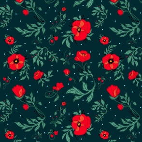 Red poppies on a dark teal background