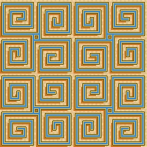Greek Key Snail Trail Boxes Narrow Double Bordered Blue and Orange on Beige