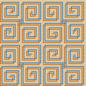 Greek Key Snail Trail Boxes Narrow Double Blue and Orange on Beige