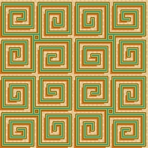 Greek Key Snail Trail Boxes Narrow Double Bordered Green and Orange on Beige