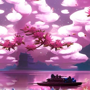 spring 3d,sakura, clouds, boat,