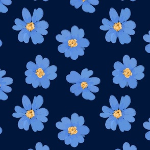 Blue flowers on navy dark background large scale