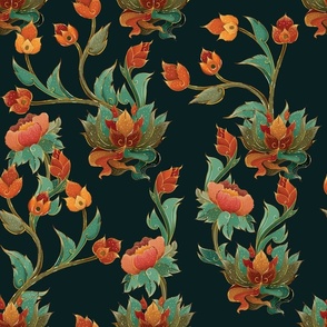 Intricate Asian Floral in Tangerine and Mint on Dark Green