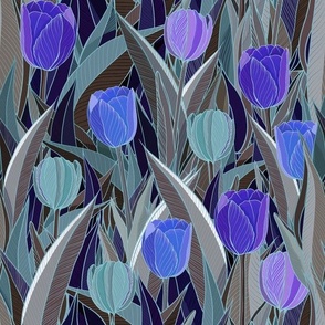 Gilded Tulip Garden at Midnight in Sapphire, Aquamarine, and Taupe - Medium Scale