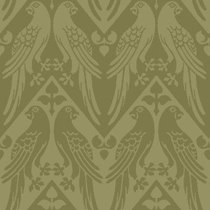 1850 Vintage Birds and Chevrons by Augustus Pugin in Dark Sage Green - Coordinate