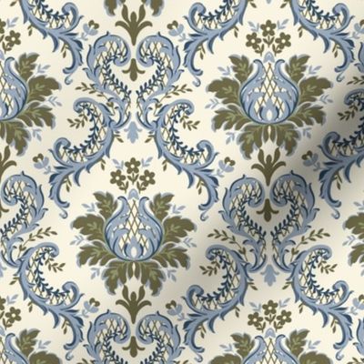 Intricate Victorian Floral Damask in Green and Wedgewood Blue on Ivory - Coordinate