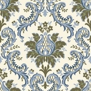 Intricate Victorian Floral Damask in Green and Wedgewood Blue on Ivory - Coordinate