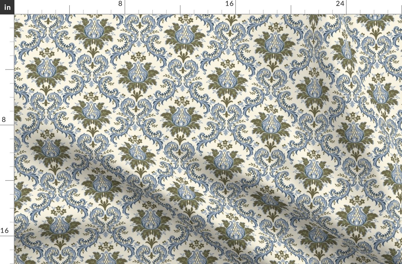 Intricate Victorian Floral Damask in Green and Wedgewood Blue on Ivory - Coordinate