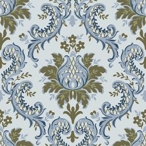 Intricate Victorian Floral Damask in Green and Wedgewood Blue on Regency Grey - Coordinate
