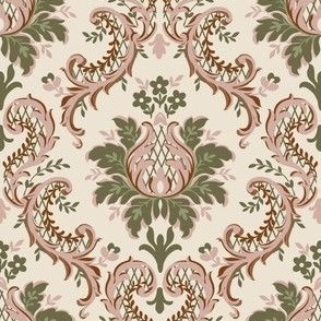 Intricate Victorian Floral Damask in Green and Regency Pink on Vanilla - Coordinate