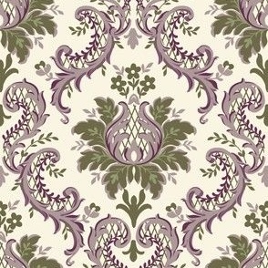 Intricate Victorian Floral Damask in Green and Regency Orchid on Ivory - Coordinate