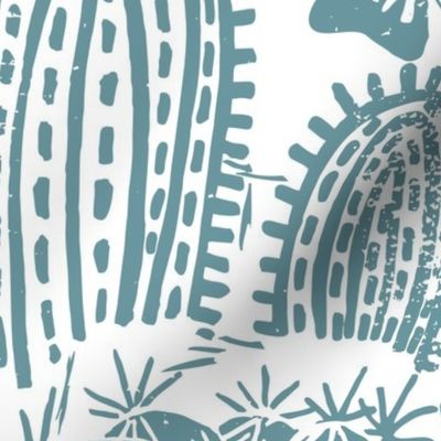 Cactus Garden Teal on White Block Print Style 