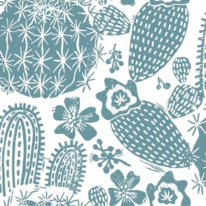 Cactus Garden Teal on White Block Print Style 