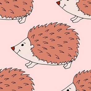 Large scale cheeky happy spikey punk hedgehogs in the garden pinky brown and blush - for kids decor, book bags, garden pillows, play tents, play mats, 