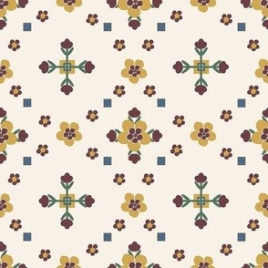 Portuguese Tile Design-Petite Floral Garden-tile design, wine, yellow, blue, green on ivory