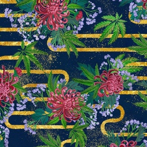 hand painted japanese  chrysanthemums with cannabis leaves gold and blue background