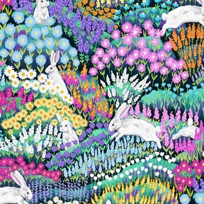 Peaceful Rabbits in a Blooming Meadow Fabric - LARGE