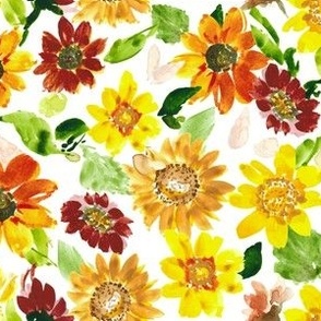 Watercolor Sunflower Fabric, painted sun flowers, fall color fabric, white background