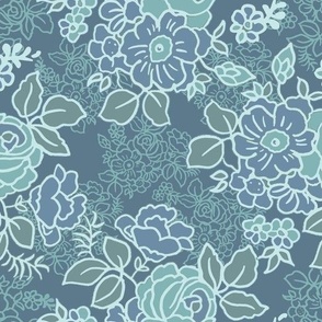 Romantic floral, blue and teal, antique lg