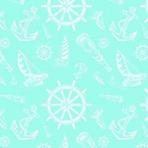Nautical Sketches  Coastal Design on Mint Background, Small Scale Design